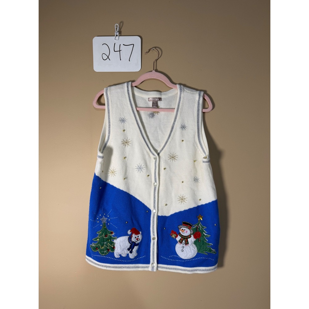 White Stag Christmas Sweater Vest Snowman Polar Bear Blue White Large UL42011YV